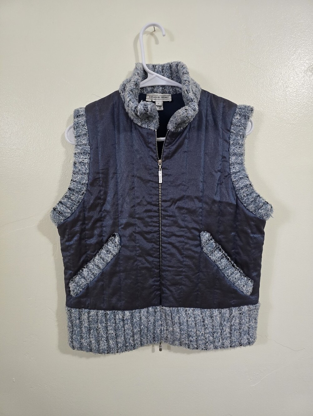 St. John Sport Vest Womens S Quilted Ribbed Wool Trim Full Zip Blue Shimmer